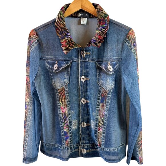 Damee Sheer Trompe L’Oeil Jean Jacket with Wired Collar – Women’s Size Large - Picture 2 of 6